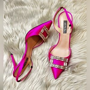 SJP Sarah Jessica Parker Jolie Fuxia Satin Slingbacks with Crystal Buckle Detail
